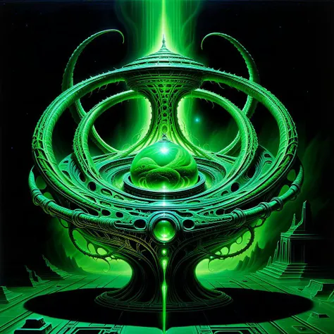 a raad, fusion of ancient technology and alien architecture. This eerie vessel, depicted in a hyper-realistic painting, features organic, pulsating tendrils intertwined with metallic structures, casting a sickly green glow against the void of space