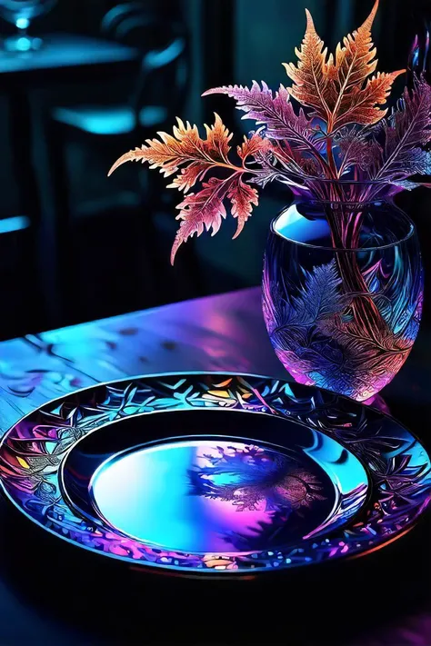 (highres, high quality:1.3), intricate details, sharp focus, depth of field, a close up of a table with a plate, glasses, and a vase, iridescent fractal, flaming leaves, ultraviolet colors, trending on pinterestRmaximalist, glass tableware, dark holography!!!, lush and colorful eclipse, elitedangerous x "!x S ornate }, thisset colours, glisten