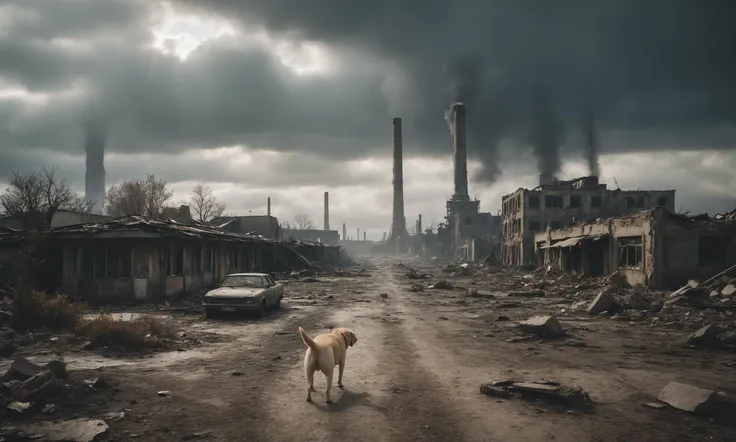 landscape photo of a post apocalyptic wasteland that looks like a scene from the Fallout cinematic movie, rubble strewn everywhere, messy, nuclear waste, war, drama
ruins of bombed buildings that are crumbling apart
an abandoned parisian cafe
the sun setting over the horizon, providing god rays at dusk
a labrador walking away from the camera, lonely, looking for food