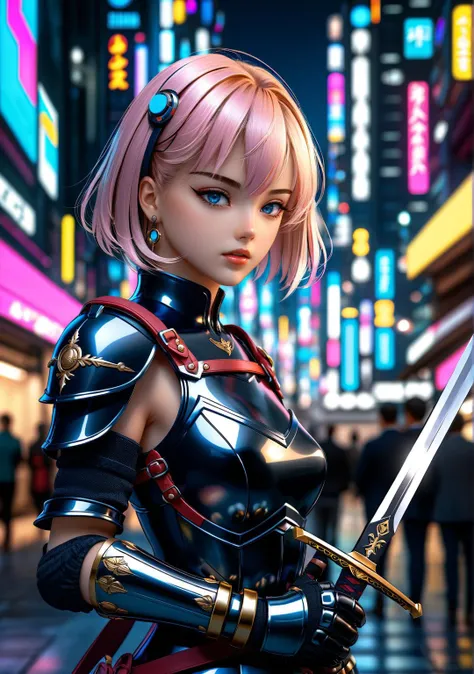 best quality (anime:1.3), dynamic angle, intricate details, accent lighting, soft volumetric light, night, neon lighting, excellent composition, golden ratio, fibonacci, rule of thirds, balanced, transitional layering guiding the eye to multiple focal points
futuristic cyberpunk city
1girl in an armored dress, holding a sword