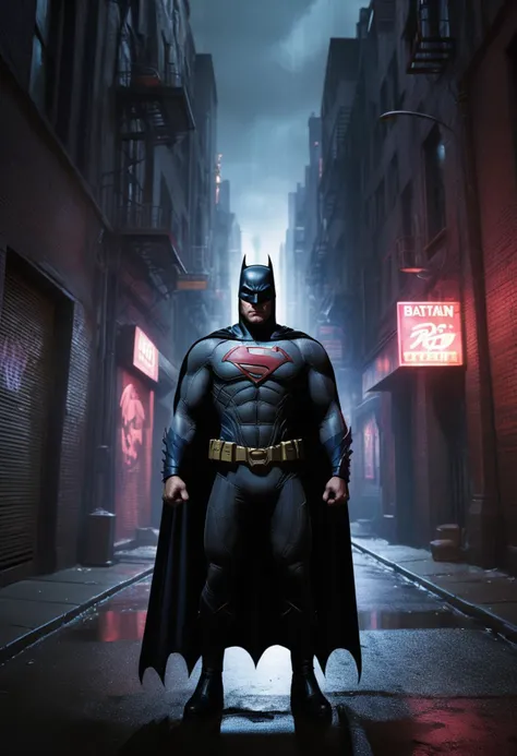 A vibrant, comic-book inspired image: Batman donned in resplendent Superman regalia, his cape billowing dramatically. Dynamic lighting accentuates the contrast between dark, brooding Gotham and radiant Metropolis aesthetics. Intricate details of caped crusader's emblem intertwine with iconic S-shield motifs. The scene unfolds in mid-actionâBatman leaping skyward, arms outstretched to mimic Superman's famed pose, amid a tapestry of neon cityscapes and shadowy alleyways