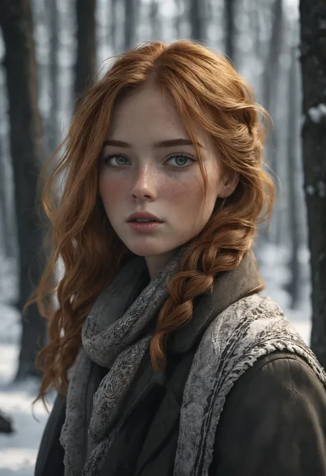 medium shot of a european woman, ginger hair, winter forest, natural skin texture, 24mm, 4k textures, soft lighting, RAW photo, photorealism, photorealistic, intricate, elegant, highly detailed, sharp focus, soothing tones, insane details, intricate details, hyperdetailed, low contrast, dim colors, exposure blend, hdr, faded