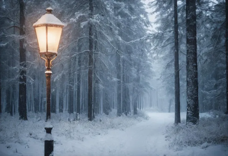 A magical photograph of a snowy forest scene inspired by C.S. Lewis, reminiscent of "The Chronicles of Narnia." Soft snow, tall pine trees, lamppost glowing, gentle snowfall, magical light, winter twilight, footprints in snow, warm glow, frosted branches, ethereal atmosphere, mysterious path, enchanting silence, nostalgic feel, subtle blue tones, timeless wonder.