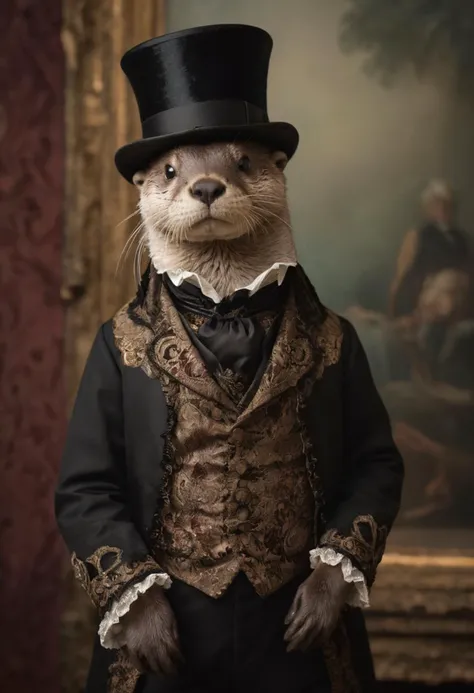 A charming otter poses in an elaborate Victorian outfit, exuding regality and whimsy. Otter with whiskers, ornate Victorian suit, velvet textures, lace cravat, top hat, detailed waistcoat, ruffled sleeves, regal posture, soft focus background, warm lighting, muted colors, intricate embroidery, whimsical expression, studio portrait style, reminiscent of Annie Leibovitz's fantastical portraits, period costume details, sophisticated yet playful, rich textures, timeless elegance.