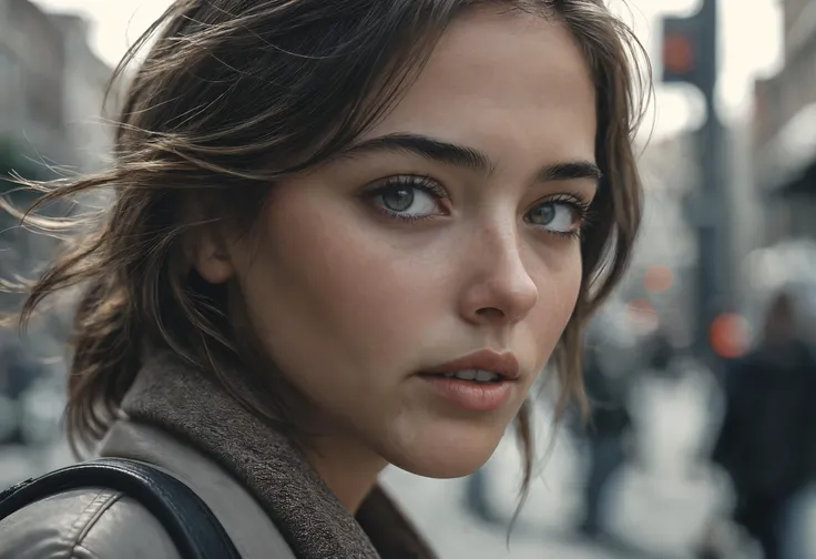 high quality close up dslr snapshot of a woman on the street, high definition film grain photo taken at f/16, ISO 100, with a 200mm lens, global illumination, fibonacci