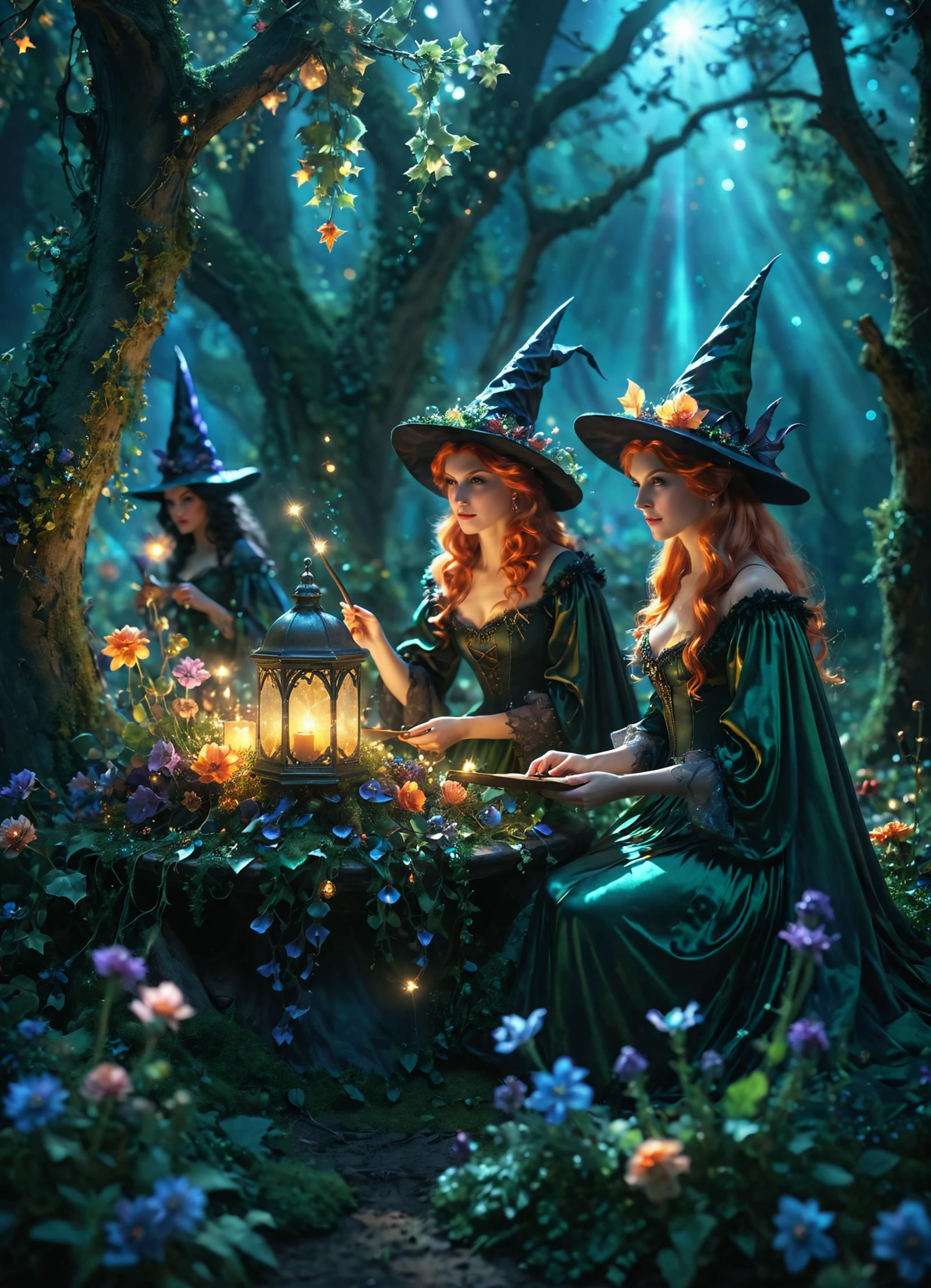 ethereal fantasy concept art of cinematic photo Floral artistic image of fairy-tale style witches' coven <lora:sss:0.8> <lora:IOS_Iridescent_opal_style:0.33>, subsurface scattering, Photorealistic, Hyperrealistic, analog style, realistic, film photography, soft lighting, heavy shadow, 35mm photograph, film, bokeh, professional, 4k, highly detailed, magnificent, celestial, ethereal, painterly, epic, majestic, magical, fantasy art, cover art, dreamy