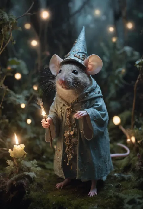 A whimsical photograph of a spellcaster mouse in a miniature enchanted forest, inspired by the works of Tim Walker. Magical realism, tiny robe, wizard hat, glowing wand, mystical runes, bioluminescent fungi, twinkling fairy lights, misty atmosphere, textured fur, curious eyes, intricate details, rich colors, soft focus, enchanted plants, dreamy lighting, fantastical scene.