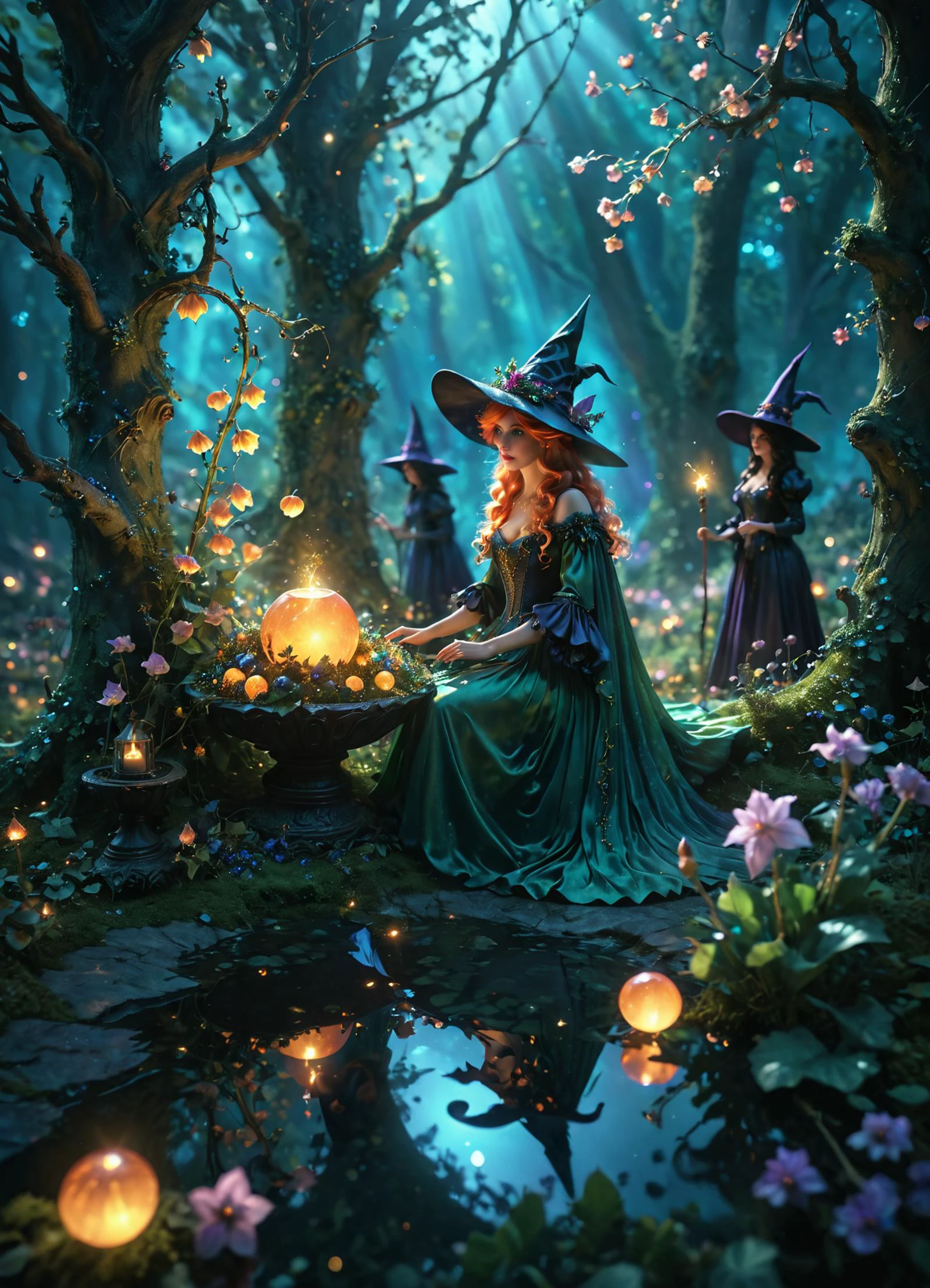 ethereal fantasy concept art of cinematic photo Floral artistic image of fairy-tale style witches' coven <lora:sss:0.8> <lora:IOS_Iridescent_opal_style:0.33>, subsurface scattering, Photorealistic, Hyperrealistic, analog style, realistic, film photography, soft lighting, heavy shadow, 35mm photograph, film, bokeh, professional, 4k, highly detailed, magnificent, celestial, ethereal, painterly, epic, majestic, magical, fantasy art, cover art, dreamy