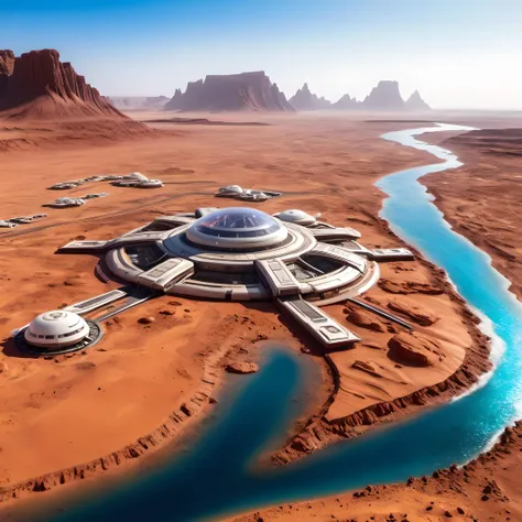 Mars, terrian, landscape, (colony on Mars, futuristic buildings, sci-fi, pond, river, sea, ocean:1.4), colonization, clear sky, photorealistic, masterpiece, best quality, 8k, hyper detailed, best quality