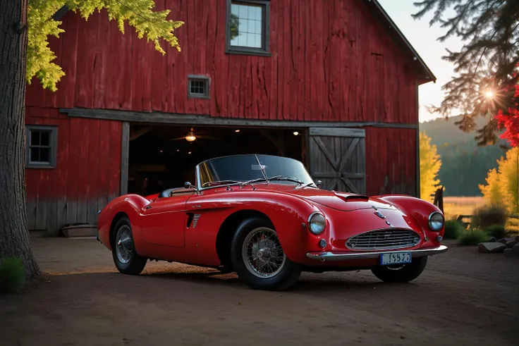raw photograph of a (red 1952 Barchetta:1.6) from the side,parked on a dirt driveway,in front of an (old Canadian barn:1.4) with (faded paint and weathered wood siding:1.3),spring time,surrounded by pine and oak trees in the background,twilight,golden hour,stars in the sky,masterpiece,landscape panorama,imax,wide_shot,depth of field,chromatic_aberration,HDR UHD,wallpaper,high contrast,deep rich color,