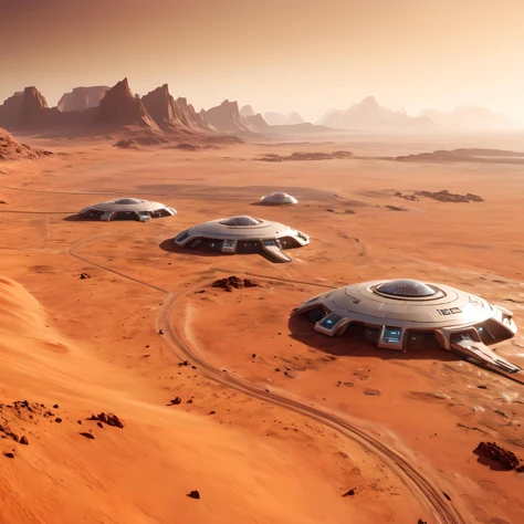 Mars, terrian, landscape, (colony on Mars, futuristic buildings, sci-fi:1.2), (sea, ocean, coast:1.8), colonization, clear sky, photorealistic, masterpiece, best quality, 8k, hyper detailed, best quality