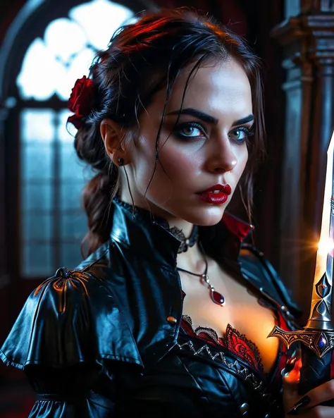 1Female, Gothic, Horror, Darkness, Moody, Depression, sadness, evil, blood, undead, midnight, macabre, eerie., 1 Female assassin. Victorian fantasy era clothing. Cleavage. Highly detailed beautiful expressive eyes. Detailed face. Holding a cosmic infused electric sword with leather wrapped handle. Bold colors, awe-inspiring. Epic atmosphere, gloomy atmosphere. Photorealistic, Natural atmospheric lighting, intricate details, 35mm photograph, film, professional, 4k visuals, highly detailed, elegant, studio quality.