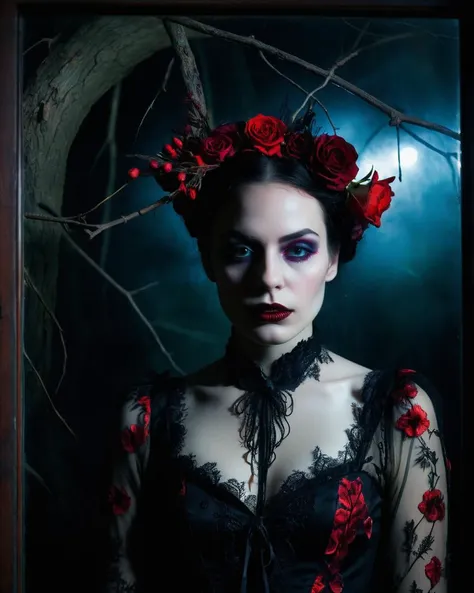 1Female, Gothic, Horror, Darkness, Moody, Depression, sadness, evil, blood, undead, midnight, macabre, eerie., Fantasy, Whimsical. Surreal. detailed features, organic forms, meticulous portraiture, complex patterns, double exposure, two photos overlapping, transparent, surreal artwork, artful, aesthetic, unusual, vintage feel, post apocalyptic, unsettling violence, macabre, suspenseful, crazy visual soundscape. multicolored, ((an extremely delicate and beautiful)), floating, (detailed clothes), (detailed light), nature, (sunlight), (bloom), (shine), colorful, dynamic vivid colors, panorama, landscape, Colorful portraits, dynamic lighting. Magical, enchanting, alluring. Exotic. Erotic, Sensual, revealing.