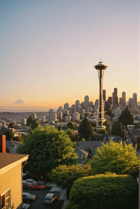 **Urban Neighborhood at Dawn**:
an image of a Seattle neighborhood at sunrise with dim lighting and the first light of the morning breaking through space needle, The scene includes distant city noise and sirens in the background. The atmosphere is gritty yet calm. (Photorealistic:1.1) hyper-realistic, (depth of field shallow:1.2) high dynamic range, rich colors, lifelike textures, 8K UHD, high color depth, ordinary life, ordinary, (color film photo:1.3), (35mm film, film grain, lomography:1.4), lens blur, ordinary life, ordinary, (color film photo:1.5), (35mm film, film grain, lomography:1.6), lens blur photo taken on film, film grain, vintage, 8k ultrafine detail, private press, associated press photo, masterpiece, cinematic
<lora:add-detail-xl:0.6>