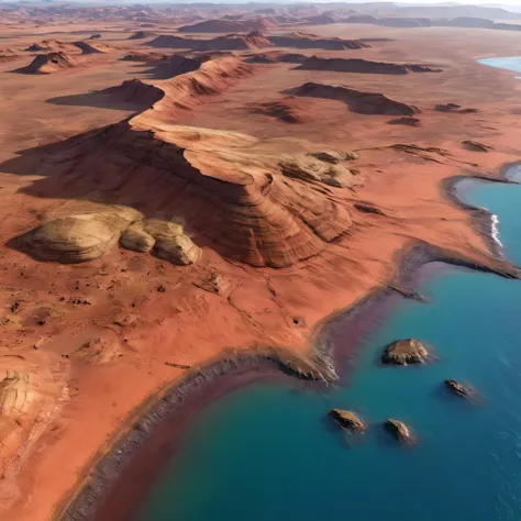 mars, terrian, landscape, coast on the mars, clear sky, photorealistic, masterpiece, best quality, 8k, hyper detailed, best quality