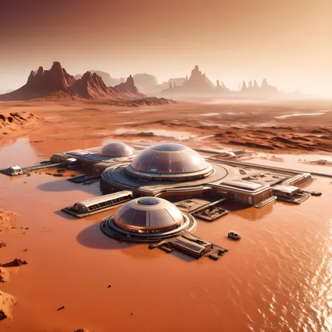 Mars, terrian, landscape, (colony on Mars, futuristic buildings, sci-fi:1.2), (sea, ocean, coast, flooding:1.8), colonization, clear sky, photorealistic, masterpiece, best quality, 8k, hyper detailed, best quality