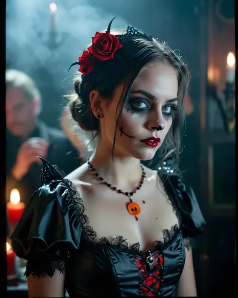 1Female, Gothic, Horror, Darkness, Moody, Depression, sadness, evil, blood, undead, midnight, macabre, eerie., (Professional Upper body Model photo shoot:1.2). Beautiful Girl. Wearing a cute Halloween costume. At a costume party. Large drunk crowd in costumes. Soft features. Photorealistic, Natural atmospheric lighting, intricate details, 35mm photograph, film, professional, 4k visuals, highly detailed, elegant, studio quality.