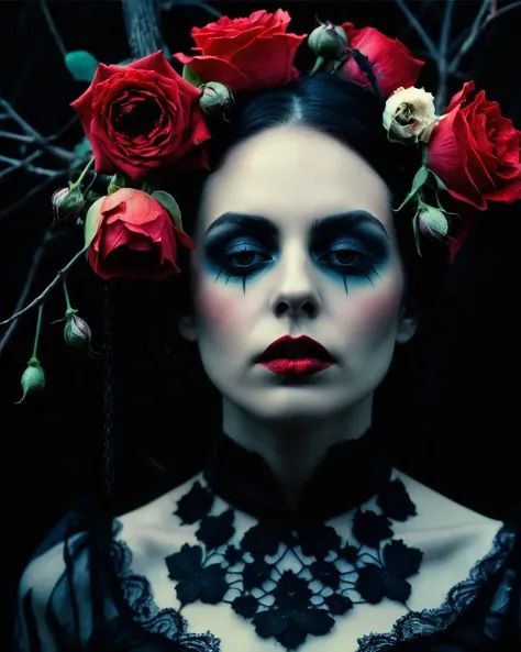 1Female, Gothic, Horror, Darkness, Moody, Depression, sadness, evil, blood, undead, midnight, macabre, eerie., Fantasy, Whimsical. Surreal. detailed features, organic forms, meticulous portraiture, complex patterns, double exposure, two photos overlapping, transparent, surreal artwork, artful, aesthetic, unusual, vintage feel, post apocalyptic, unsettling violence, macabre, suspenseful, crazy visual soundscape. multicolored, ((an extremely delicate and beautiful)), floating, (detailed clothes), (detailed light), nature, (sunlight), (bloom), (shine), colorful, dynamic vivid colors, panorama, landscape, Colorful portraits, dynamic lighting. Magical, enchanting, alluring. Exotic. Erotic, Sensual, revealing.
