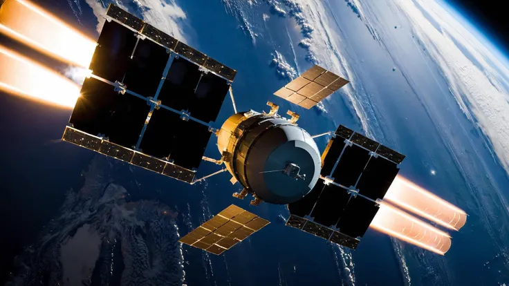 A military satellite in orbit around the earth, firing a energy beam to earth