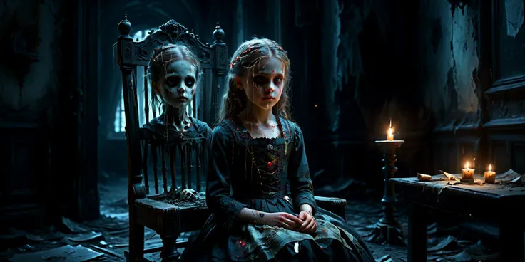Capture the chilling essence of this scene in your art,peeling wallpaper,dressed in a tattered but ornate Victorian dress,raw photograph,photorealistic concept art,stands as a haunting figure,soft natural volumetric cinematic perfect light,giger,dramatic,close-up,lively,a young girl,eco-friendly,An old,creaking rocking chair sways ominously in the background as if moved by an unseen presence,greg rutkowski,girl,an expression of grief and despair on her face,beautiful detailed intricate insanely detailed octane render trending on artstation,lascivious,embodying the eerie history and dark secrets lurking within the forsaken orphanage,head and shoulders,trending on artstation,opalescent,alive,award - winning photograph,Inside the dimly lit and decaying building,a digital painting,emotionally,ghostly face,beeple,raphael,<lora:STYLE - EFFECT - Neon Splash (ais-nnsplsh-sdxl):0.5> ais-nnsplsh,by Gustav Dore,chiaroscuro,masterpiece,showy,touching,stunning pose,The atmosphere is heavy with dread and mystery as the girl's eyes gleam with an otherworldly malevolence,The flickering candlelight casts eerie shadows on the cracked,revealing the child's pallid,<lora:STYLE - EFFECT - Electricity Style (ral-elctryzt-sdxl):0.5> ral-elctryzt,A sinister scene takes shape in the eerie confines of a Victorian-era orphanage,8 k artistic photography,a very sad European