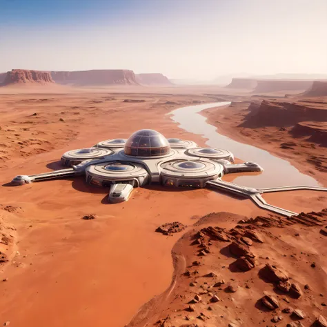 Mars, terrian, landscape, (colony on Mars, futuristic buildings, sci-fi, pond, river:1.4), colonization, clear sky, photorealistic, masterpiece, best quality, 8k, hyper detailed, best quality