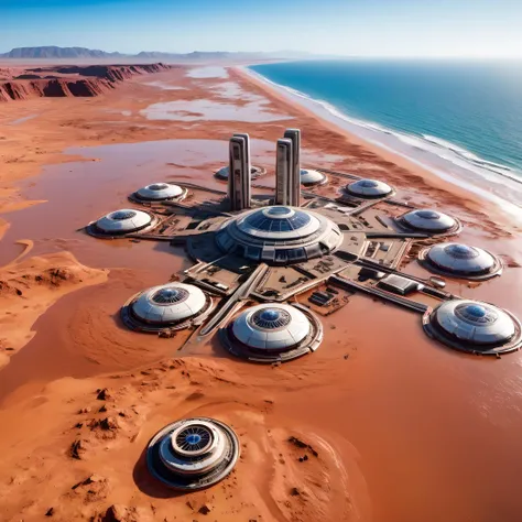 Mars, terrian, landscape, (colony on Mars, futuristic buildings, sci-fi:1.2), (sea, ocean, coast, flooding:1.8), colonization, clear sky, photorealistic, masterpiece, best quality, 8k, hyper detailed, best quality