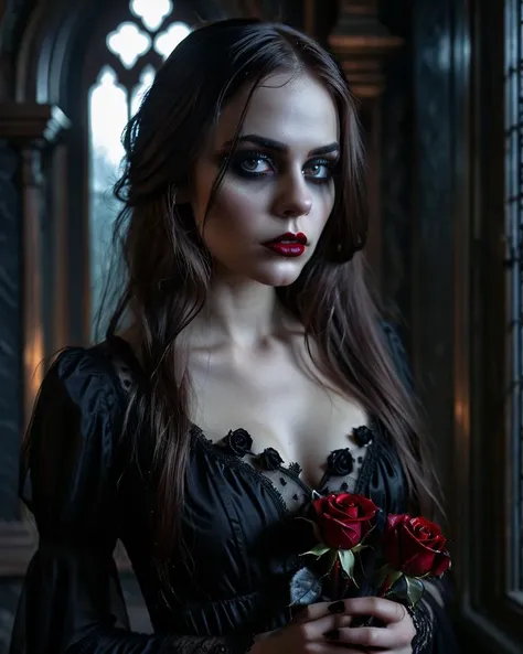 1Female, Gothic, Horror, Darkness, Moody, Depression, sadness, evil, blood, undead, midnight, macabre, eerie., Beautiful adult female model. Highly detailed expressive eyes. Long sleek hair. Wearing black doll dress. Cleavage. Gothic, horror, ghostly. Black roses. Vacant sad stare. Dark mausoleum. Moonlight. Photorealistic, Natural atmospheric lighting, intricate details, 35mm photograph, film, professional, 4k visuals, highly detailed, elegant, studio quality.