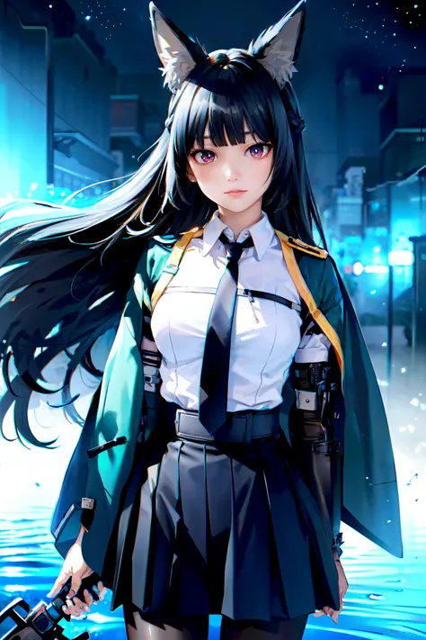 (masterpiece, best quality, extremely detailed CG, beautiful detailed eyes, ultra-detailed, intricate details:1.2), 8k wallpaper,elaborate features,(Realistic painting style:1.1), (faux traditional media:1.0), masterpiece, best quality,starry,strry light,colorful,cloud,star \(sky\),1girl,animal_ears,bangs,black_hair,black_legwear,closed_mouth,floating_hair,long_hair,looking_at_viewer,pantyhose,pleated_skirt,red_eyes,Water behind,fight,upper body, necktie,
holding,holding sword,ready to draw,katana,collared shirt,