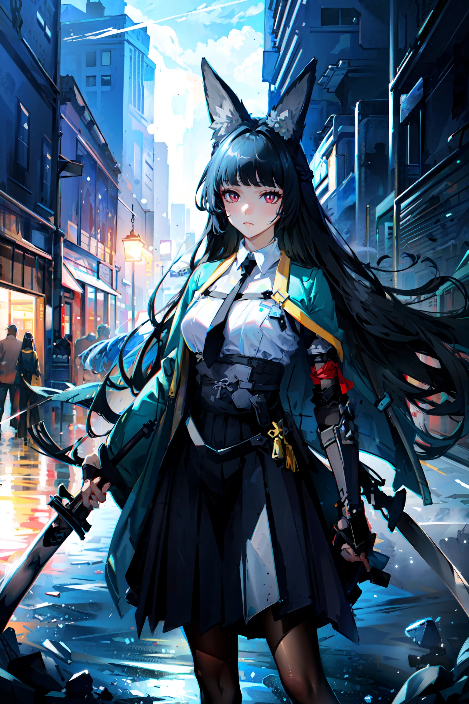 (masterpiece, best quality, extremely detailed CG, beautiful detailed eyes, ultra-detailed, intricate details:1.2), 8k wallpaper,elaborate features,(Realistic painting style:1.1), (faux traditional media:1.0), masterpiece, best quality,starry,strry light,colorful,cloud,star \(sky\),1girl,animal_ears,bangs,black_hair,black_legwear,closed_mouth,floating_hair,long_hair,looking_at_viewer,pantyhose,pleated_skirt,red_eyes,Water behind,fight,upper body, necktie,
holding,holding sword,ready to draw,katana,collared shirt,