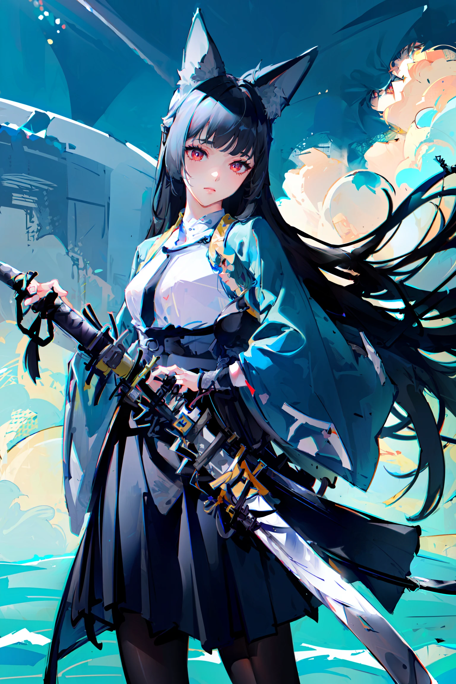 (masterpiece, best quality, extremely detailed CG, beautiful detailed eyes, ultra-detailed, intricate details:1.2), 8k wallpaper,elaborate features,(Realistic painting style:1.1), (faux traditional media:1.0), masterpiece, best quality,starry,strry light,colorful,cloud,star \(sky\),1girl,animal_ears,bangs,black_hair,black_legwear,closed_mouth,floating_hair,long_hair,looking_at_viewer,pantyhose,pleated_skirt,red_eyes,Water behind,fight,upper body, necktie,
(holding,holding sword,ready to draw,katana:1.9)