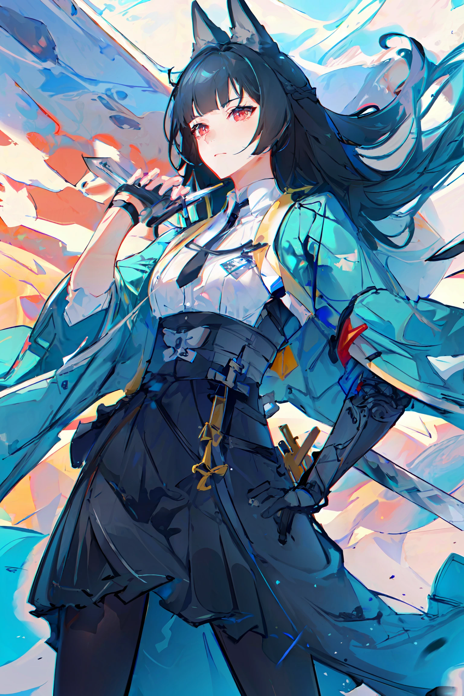(masterpiece, best quality, extremely detailed CG, beautiful detailed eyes, ultra-detailed, intricate details:1.2), 8k wallpaper,elaborate features,(Realistic painting style:1.1), (faux traditional media:1.0), masterpiece, best quality,starry,strry light,colorful,cloud,star \(sky\),1girl,animal_ears,bangs,black_hair,black_legwear,closed_mouth,floating_hair,holding,(holding_sword:1.5),jacket,long_hair,looking_at_viewer,pantyhose,pleated_skirt,red_eyes,Water behind,fight,(ready to draw:1.5),upper body, katana,