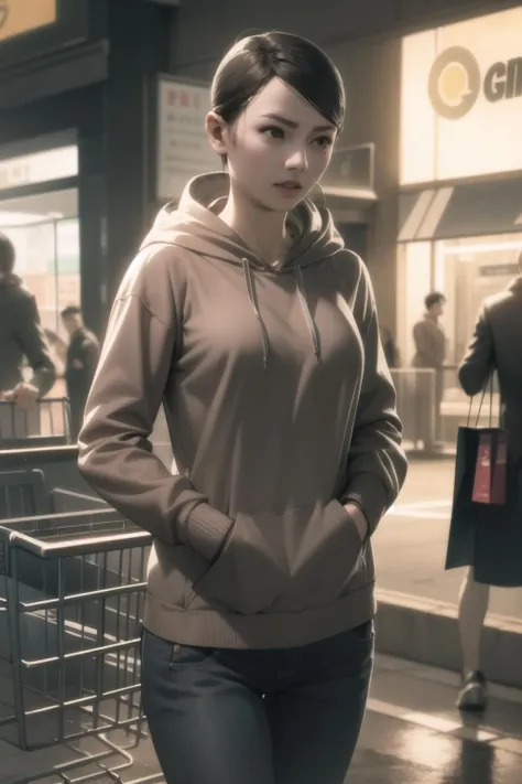 <lora:sayama-000016:1> sayama, casual, hoodie,
1girl, solo, shopping, shopping cart, lively, realistic