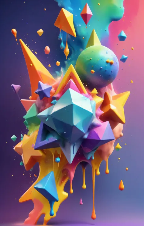 3d isometric, blender render, soft colorful-hued colors, <lora:jing:0.9>, YJ, rainbow-hued nebulae made of watercolor splashes, geometric stars, colorful triangles of paint splashes, paint swirls, paint drips, paint splashes Two tone lighting, abstract geometric gradients, geometric shapes, simple background
