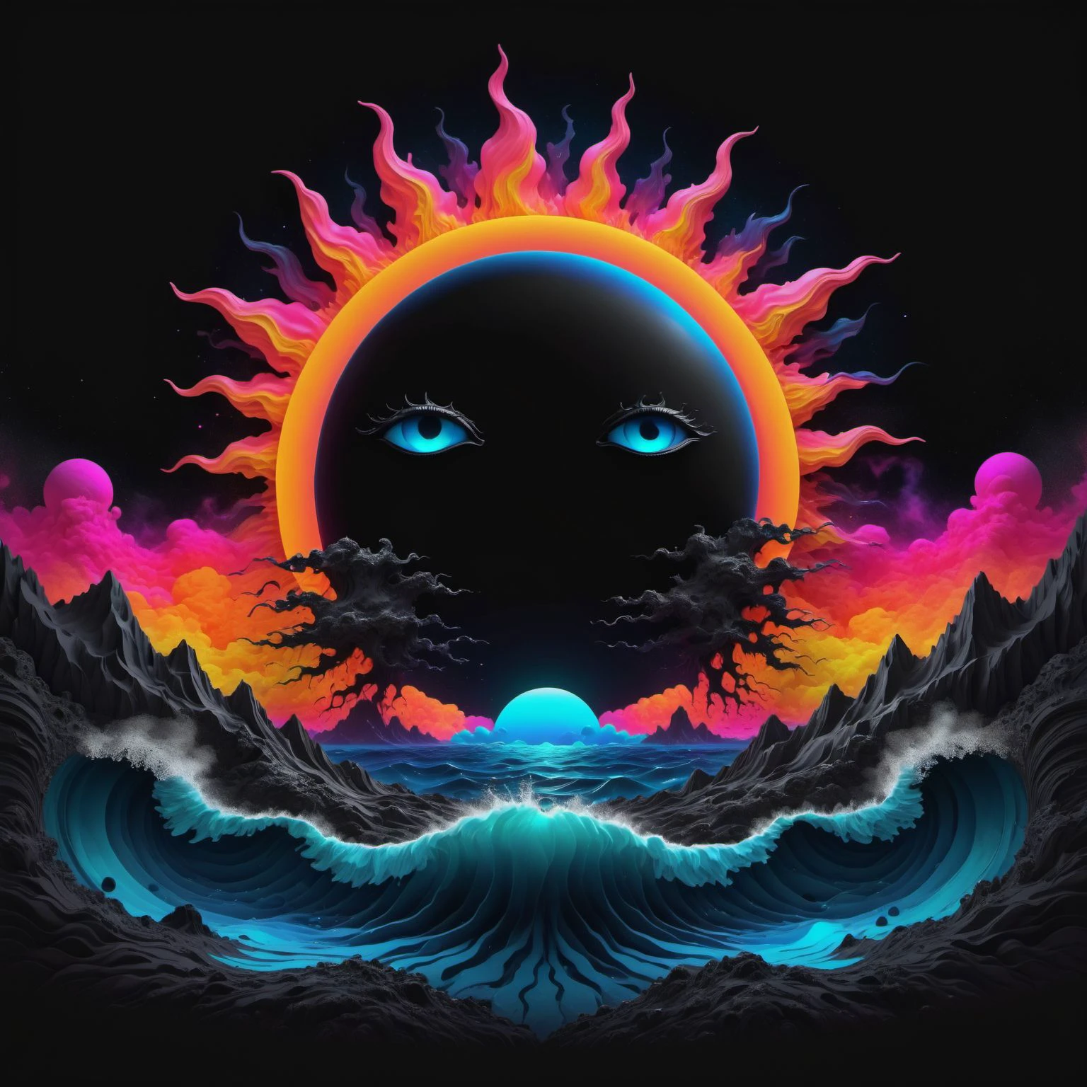 seascape fantasy, negative space, space dreams, black sun, hallucination, psychedelic, , intricate details, very bright neon colors, (vantablack background:1.5), pointellism, pareidolia, melting, symbolism, very high contrast, chiaroscuro <lora:ChalkDustStyleSDXL:.4> chalkdust <lora:jing:.8> YJ