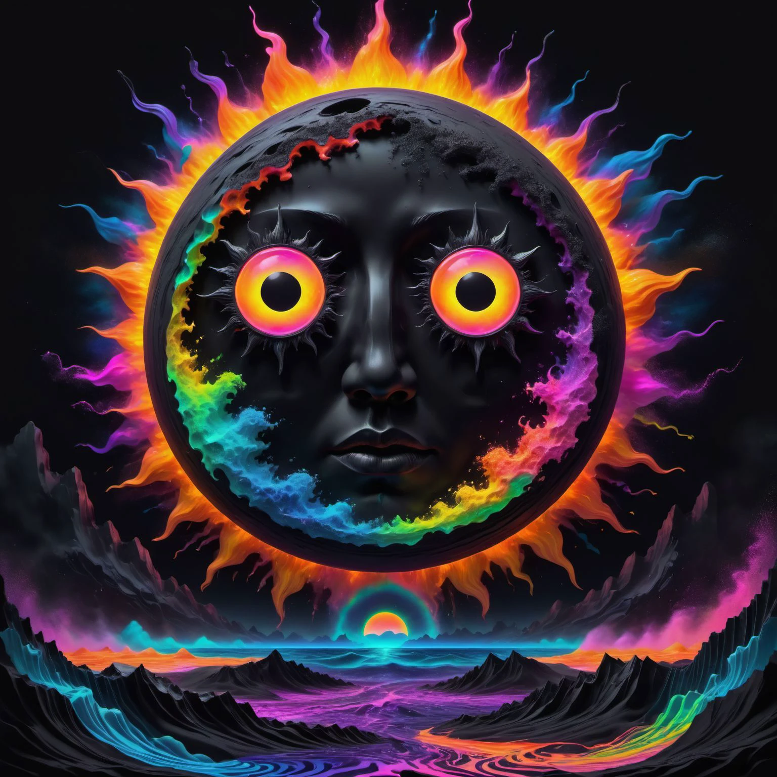 seascape fantasy, negative space, space dreams, black sun, hallucination, psychedelic, , intricate details, very bright neon colors, (vantablack background:1.5), pointellism, pareidolia, melting, symbolism, very high contrast, chiaroscuro <lora:ChalkDustStyleSDXL:.4> chalkdust <lora:jing:.8> YJ, <lora:cinero-loha-xl.safetensors-000002:.5>,  <lora:Voidmagic_XL_version-000014:.3> [the:DonMV01dfm4g1c3XL:.7]