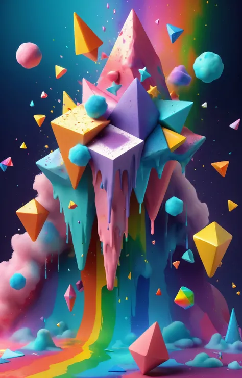 3d isometric, blender render, soft colorful-hued colors, <lora:jing:0.9>, YJ, rainbow-hued prisms made of watercolor splashes, geometric stars, cotton candy, colorful triangles of paint splashes, (dichroic:1.4), paint swirls, paint drips, paint splashes, glitter explosion Two tone lighting, abstract geometric gradients, geometric shapes, simple background