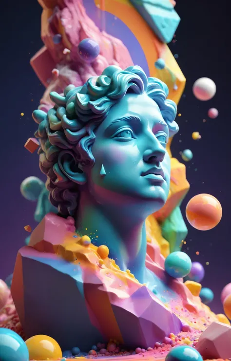 3d isometric, blender render, soft colorful-hued colors, <lora:jing:0.9>, YJ, rainbow-hued marbles made of watercolor splashes, greek statues, cotton candy, colorful triangles of paint splashes, (dichroic:1.4), paint swirls, paint drips, paint splashes, glitter explosion Two tone lighting, abstract geometric gradients, geometric shapes, simple background