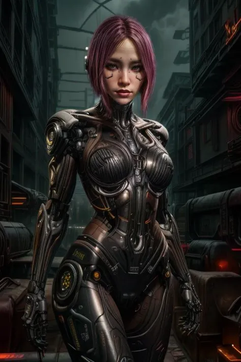 cyberpunk cityscape cybernetic robot cybernetic style biomechanical cyberpunk masterpiece,best quality,absurdres,high details,8K,photorealistic,at distance,cowboy shot,posing,flirting,(playful gaze, smirking:1.1),1girl,complex background,complex stuff around,<lora:CyberSongbird:0.7>,CyberSongbird,cyborg,science fiction,mechanical parts,mechanical arms,robot joints,pink hair,purple hair,multicolored hair,<lora:Concept_-_More_Details_v1.0:1>,<lora:H.R.GigerWorld:0.3>,gigerworld,art by hrgiger, . cybernetics, human-machine fusion, dystopian, organic meets artificial, dark, intricate, highly detailed . futuristic, technological, cybernetic enhancements, robotics, artificial intelligence themes . android, AI, machine, metal, wires, tech, futuristic, highly detailed . neon lights, dark alleys, skyscrapers, futuristic, vibrant colors, high contrast, highly detailed