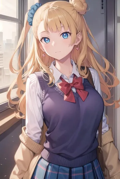galko, <lora:galko-lora-nochekaiser:1>,
galko, blonde hair, blue eyes, hair bun, hair ornament, hair scrunchie, long hair, one side up, scrunchie, side ponytail, single hair bun,
BREAK earrings, jewelry, pleated skirt, school uniform, skirt, sleeves rolled up, sweater vest,
BREAK looking at viewer, full body,
BREAK indoors, classroom,
BREAK <lyco:GoodHands-beta2:1>, (masterpiece:1.2), best quality, high resolution, unity 8k wallpaper, (illustration:0.8), (beautiful detailed eyes:1.6), extremely detailed face, perfect lighting, extremely detailed CG, (perfect hands, perfect anatomy),