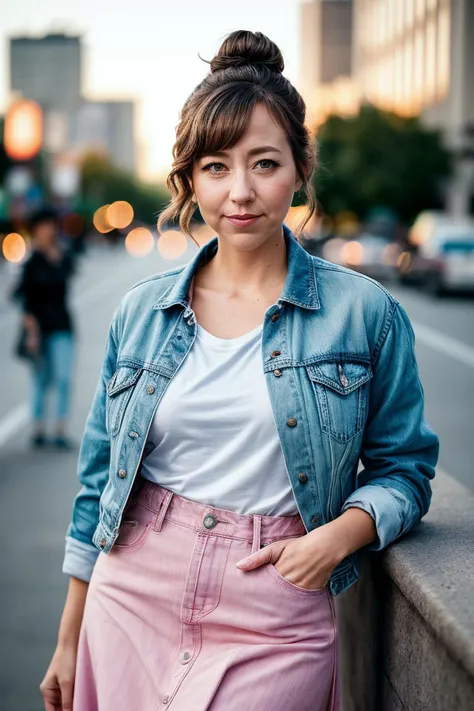 perfect cinematic shoot of a beautiful woman (EPKr1st3nSch44l:.99), a woman standing at a (modest city), perfect top knot updo, wearing sexy (Pastel Pink Oversized denim collared shirt worn as a jacket over a graphic tee, paired with a black flared skirt and sneakers. :1.2), (people in background:1.1), (detailed background:1.1), (face focus), modelshoot style, (extremely detailed CG unity 8k wallpaper), professional majestic (photography by Arthur Leipzig:1.1), 24mm, exposure blend, hdr, extremely intricate, High (Detail:1.1), dramatic, soft cinematic light, (looking at viewer), (detailed atmosphere), 8k, highly detailed, rich environment, 4k textures, soft cinematic light, elegant, ((((cinematic look)))), soothing tones, insane details, hyperdetailed, ("Dreams into reality with SDKoh!":1.1), (epiCPhoto)