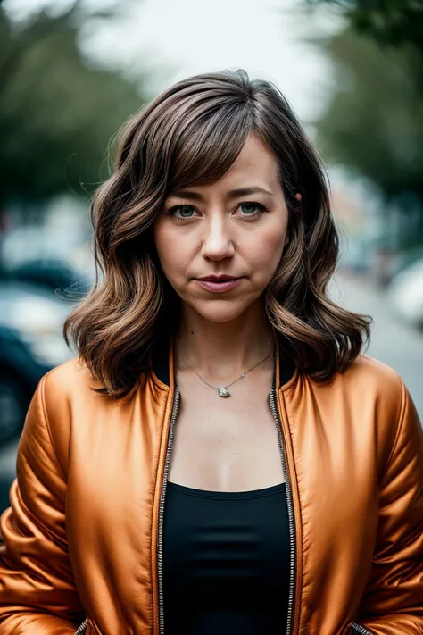 perfect cinematic shoot of a beautiful woman (EPKr1st3nSch44l:.99), a woman standing at a (modest factory), perfect hair, wearing sexy (Monarch Orange Faux shearling-lined bomber jacket with a sporty and casual vibe :1.2), (people in background:1.1), (detailed background:1.1), (face focus), modelshoot style, (extremely detailed CG unity 8k wallpaper), professional majestic (photography by Gabrielle Duplantier:1.1), 24mm, exposure blend, hdr, extremely intricate, High (Detail:1.1), dramatic, soft cinematic light, (looking at viewer), (detailed atmosphere), 8k, highly detailed, rich environment, 4k textures, soft cinematic light, elegant, ((((cinematic look)))), soothing tones, insane details, hyperdetailed, ("Dreams into reality with SDKoh!":1.1), (epiCPhoto)
