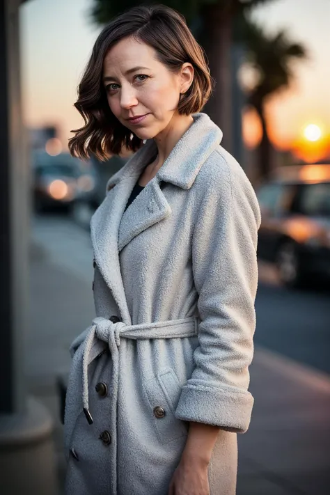 perfect cinematic shoot of a beautiful woman (EPKr1st3nSch44l:.99), a woman standing next to a (modest sunset), perfect high ponytail, wearing sexy (Periwinkle Teddy bear coat in a neutral tone with a relaxed fit and a cozy feel :1.2), (people in background:1.1), (detailed background:1.1), (face focus), modelshoot style, (extremely detailed CG unity 8k wallpaper), professional majestic (photography by Younes Mohammad:1.1), 24mm, exposure blend, hdr, extremely intricate, High (Detail:1.1), dramatic, soft cinematic light, (looking at viewer), (detailed atmosphere), 8k, highly detailed, rich environment, 4k textures, soft cinematic light, elegant, ((((cinematic look)))), soothing tones, insane details, hyperdetailed, ("Dreams into reality with SDKoh!":1.1), (epiCPhoto)