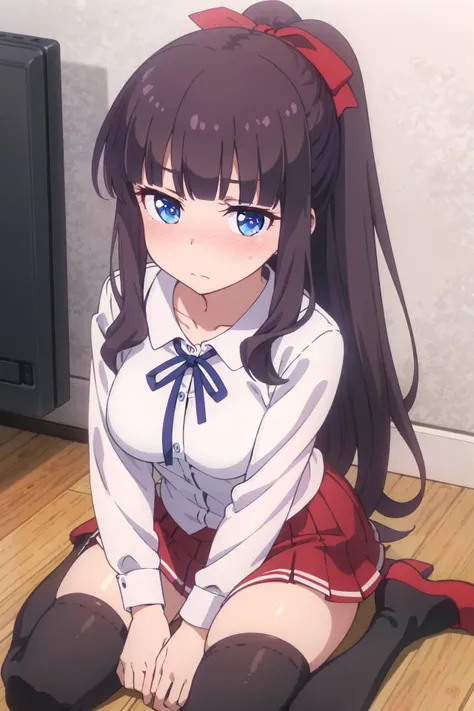 best quality, masterpiece, 1girl, solo,
<lora:takimoto_hifumi_newgame:0.6>,
black ribbon, long sleeves, new game!, takimoto hifumi, takimoto_hifumi_newgame, blue eyes, tsurime, brown hair, long hair, ponytail, blunt bangs, sidelocks, hair bow, red bow, shirt, white shirt, collared shirt, neck ribbon, collarbone, skindentation, taut clothes, large breasts, skirt, red skirt, pleated skirt, thighhighs, black thighhighs, thick thighs, shoes, breasts,
wariza, sitting, hands on lap, from above, looking up, looking at viewer,
blush, nose blush, flustered,
indoors, floor, office