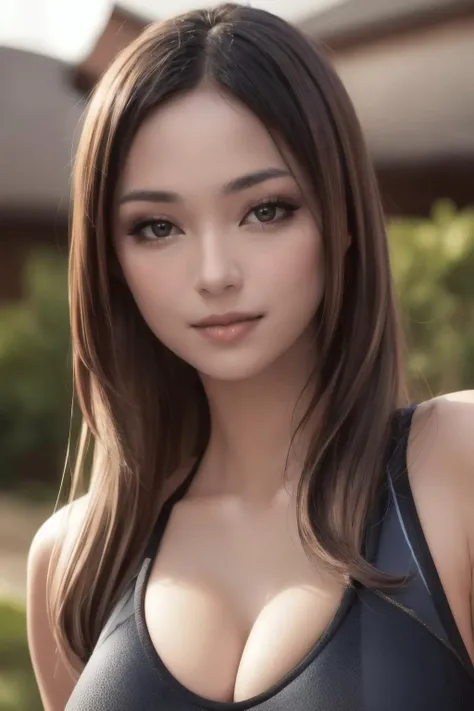 closeup portrait of a beautiful <lora:Angeli1:0.7>angeli female, sportive clothing,cleavage,medium breast, light smile, in mansion frontyard, 4k, 8k, ultra highres, raw photo in hdr, sharp focus, intricate texture,realistic, detailed facial features, highly detailed face, posing,perfect lighting,long hair,soft makeup,closeup, <lora:more_details:0.3>