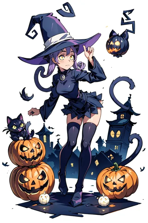 1girl, solo, dynamic pose,<lora:Blair_Soul_Eater:0.7>, Blair_Soul_Eater, cat ears, witch hat, short skirt, thighhighs, curvy, black cat haunted city, jack o lanterns, dark atmosphere, <lora:add_detail:0.7>, <lora:tachi-e:1>, white background, full body,