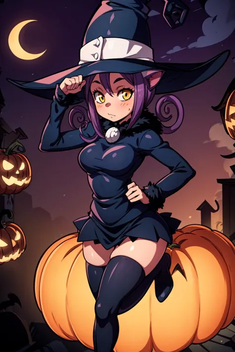 1girl, solo, dynamic pose,<lora:Blair_Soul_Eater:0.8>, Blair_Soul_Eater, cat ears, witch hat, short skirt, thighhighs, curvy, black cat haunted city, jack o lanterns, dark atmosphere, <lora:add_detail:0.7>,
