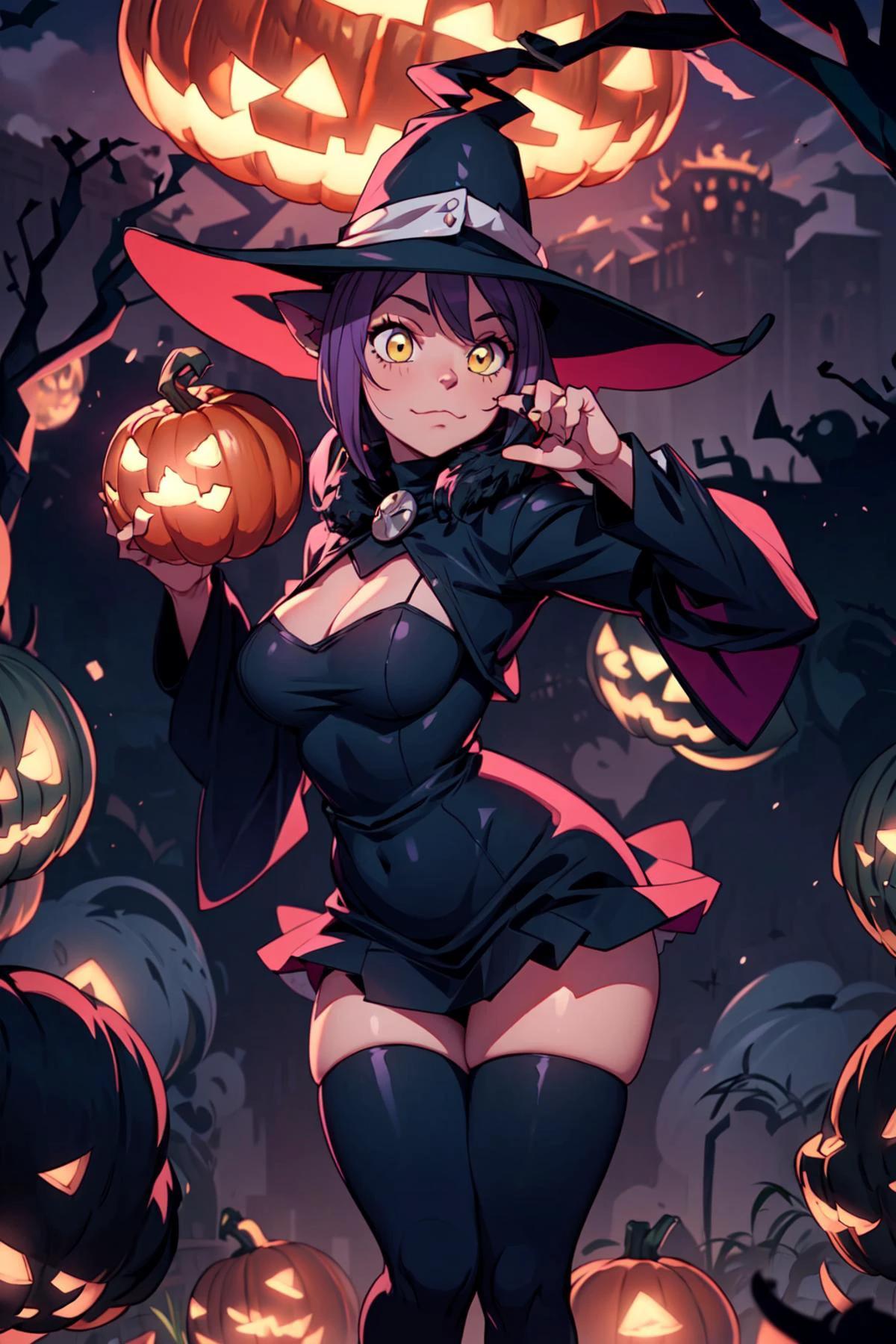 1girl, solo, dynamic pose,<lora:Blair_Soul_Eater:0.8>, Blair_Soul_Eater, cat ears, witch hat, short skirt, thighhighs, curvy, black cat haunted city, jack o lanterns, dark atmosphere, <lora:add_detail:0.7>,