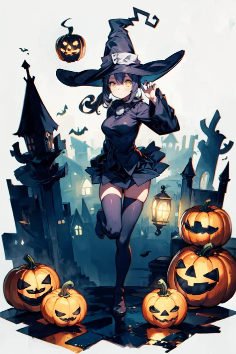 1girl, solo, dynamic pose,<lora:Blair_Soul_Eater:0.7>, Blair_Soul_Eater, cat ears, witch hat, short skirt, thighhighs, curvy, black cat haunted city, jack o lanterns, dark atmosphere, <lora:add_detail:0.7>, <lora:tachi-e:1>, white background, full body,