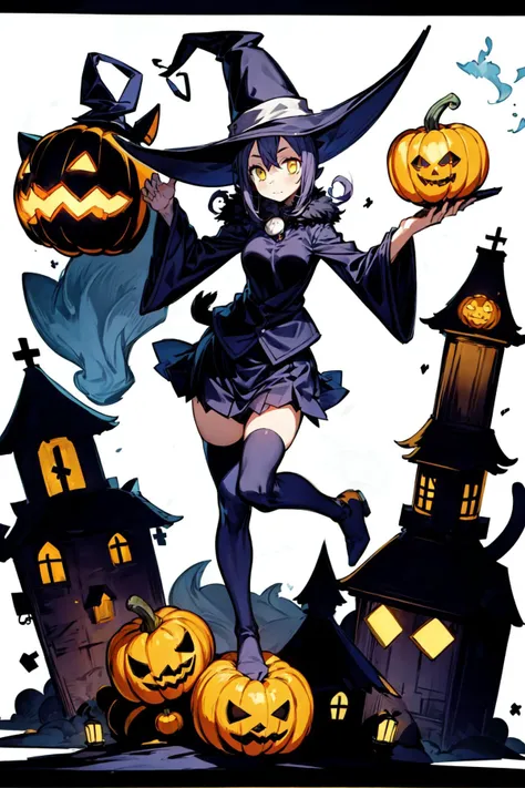 1girl, solo, dynamic pose,<lora:Blair_Soul_Eater:0.7>, Blair_Soul_Eater, cat ears, witch hat, short skirt, thighhighs, curvy, black cat haunted city, jack o lanterns, dark atmosphere, <lora:add_detail:0.7>, <lora:tachi-e:1>, white background, full body,