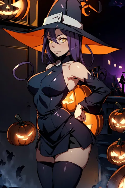 1girl, solo, dynamic pose,<lora:Blair_Soul_Eater:0.8>, Blair_Soul_Eater, cat ears, witch hat, short skirt, thighhighs, curvy, black cat haunted city, jack o lanterns, dark atmosphere, <lora:add_detail:0.7>,